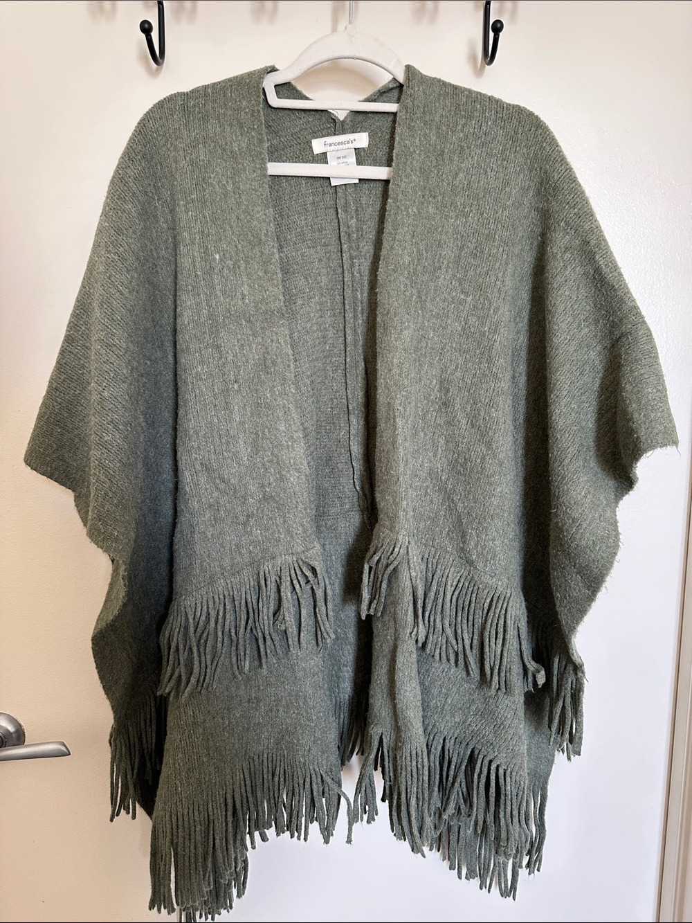 Francesca's Collections Olive Green Fringe Knit Poncho